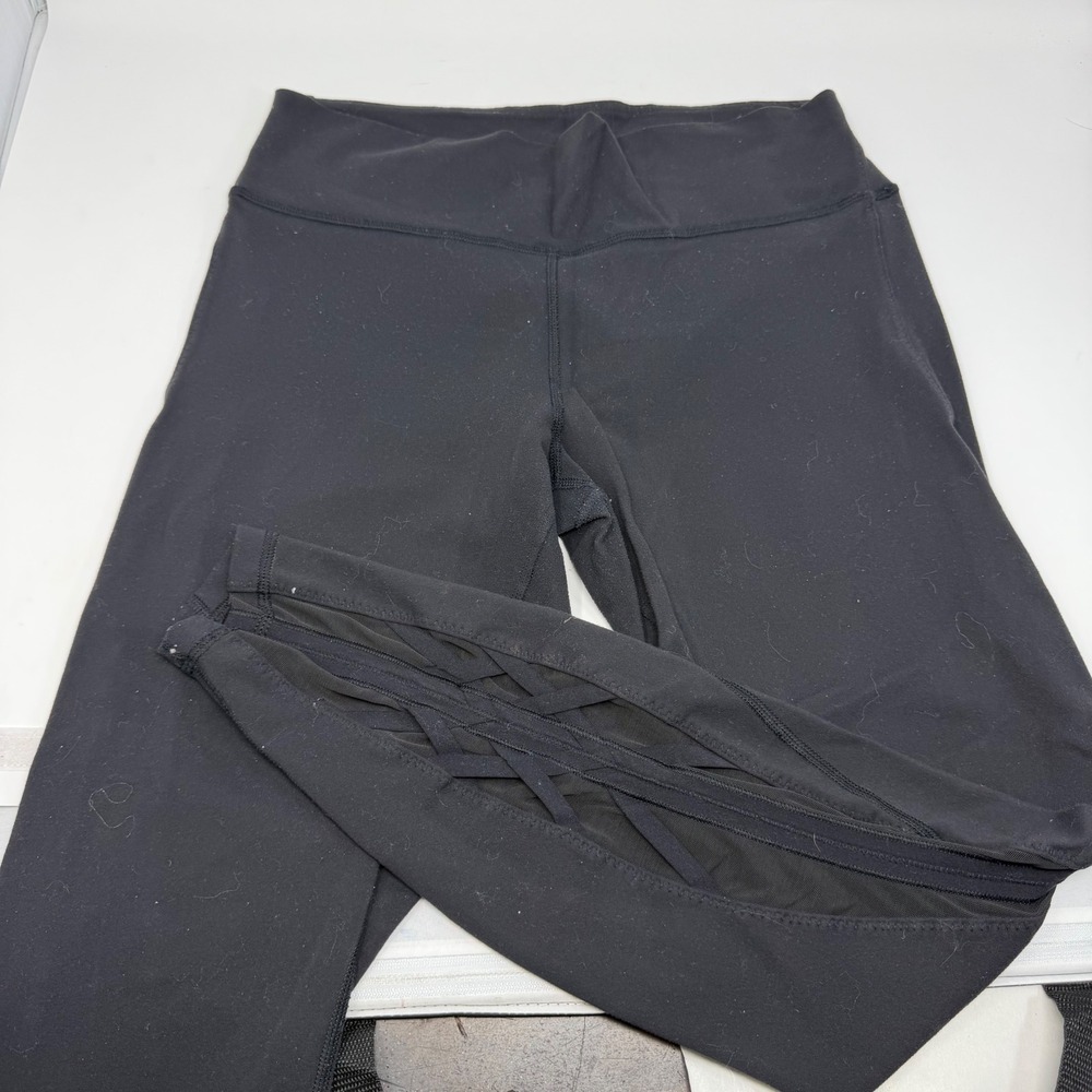 Lululemon‎ Black High Rise Lattice Strappy Mesh Inset Yoga Leggings Size 8 24in